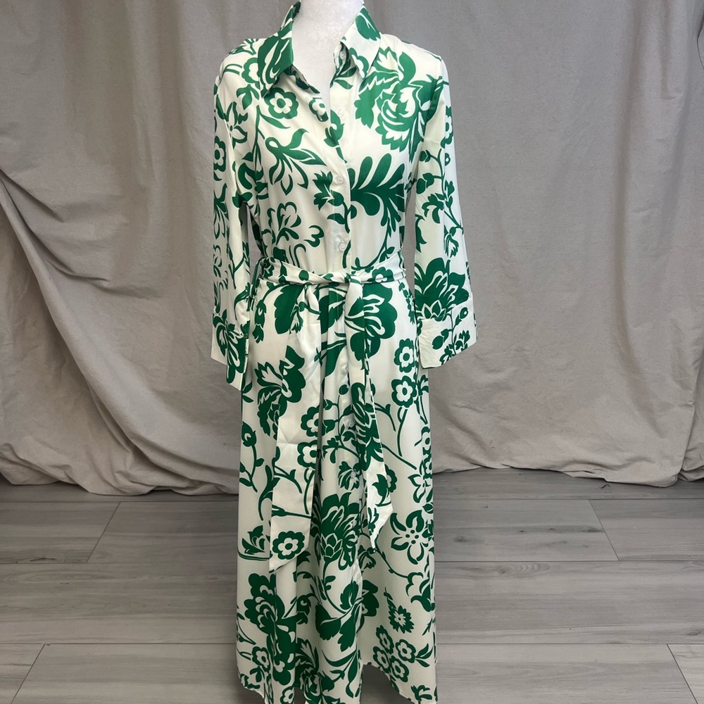 Green Floral Button-Front Maxi Dress with Tie Waist